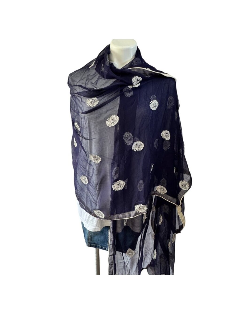 Navy Blue Sheer Embroidered Scarf – 39 x 88 Inches – Paisley Motif